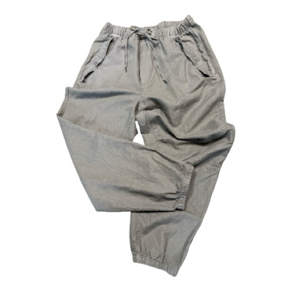 Sage Green Linen Cotton Relaxed Utility Jogger Pants Unisex M Drawstring Pocket